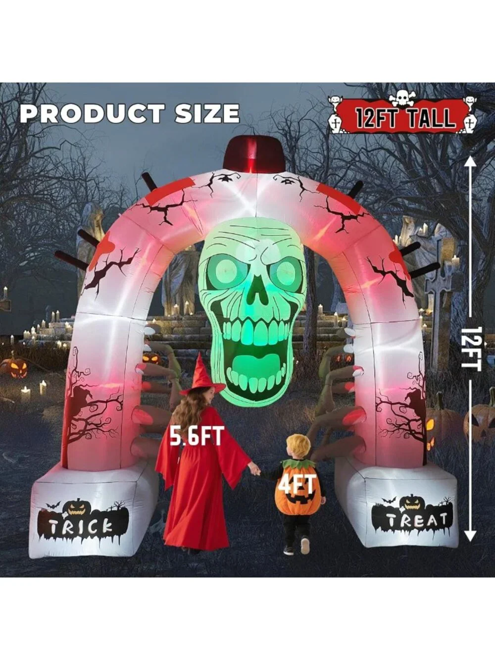 Giant 12FT Inflatable Skeleton Arch with LED Lights - Spooky Halloween Yard